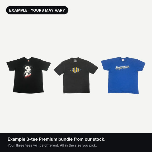 Premium Mystery Tee Bundle example: three Supreme and Palace tees from our stock. Yours will vary.