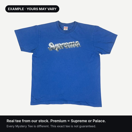 Premium Mystery Tee example from our stock: blue Supreme chrome logo tee. Yours may vary.
