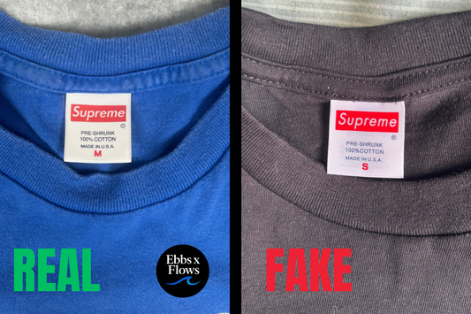 Real vs fake Supreme neck tag side by side