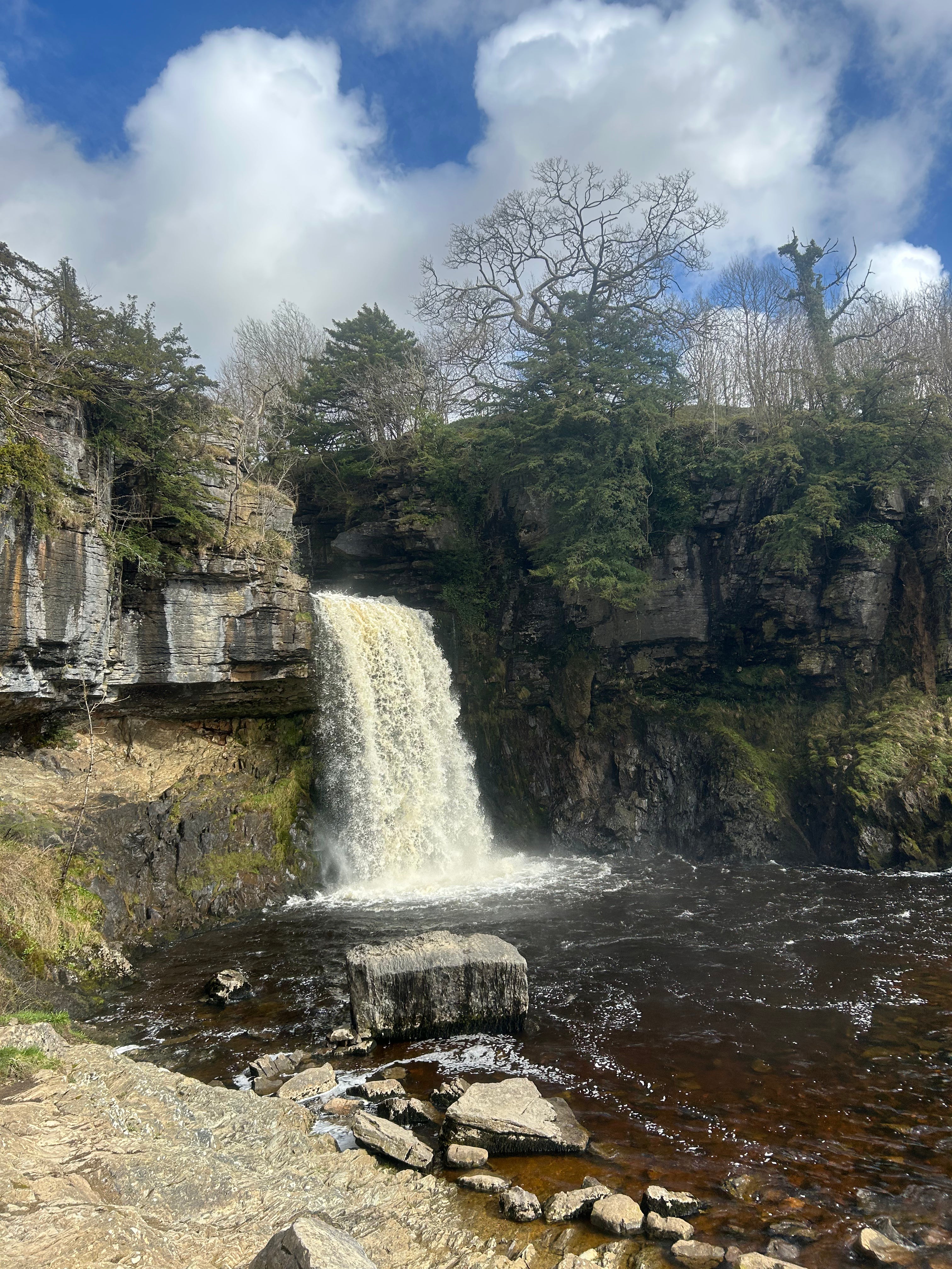 Waterfall cascading down a rocky cliff with trees and a clear blue sky.