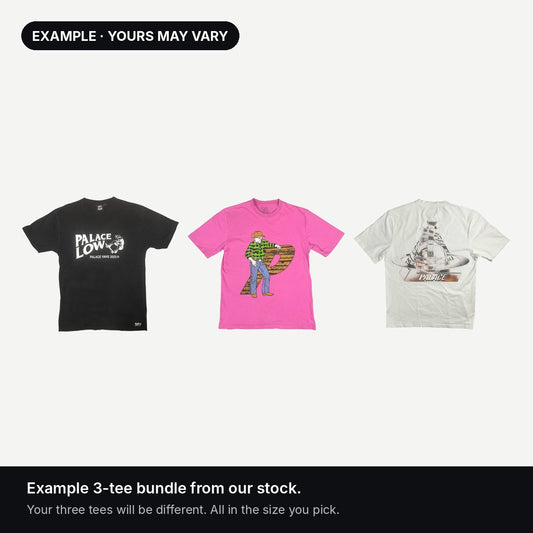 Standard Mystery Tee Bundle example: three tees from our stock. Yours will vary.