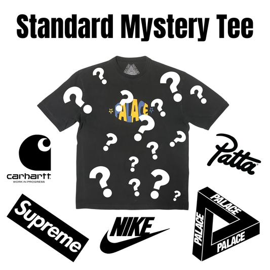 Standard Mystery Tee: black Palace tee with question marks and logos for Supreme, Palace, Nike, Carhartt and Patta